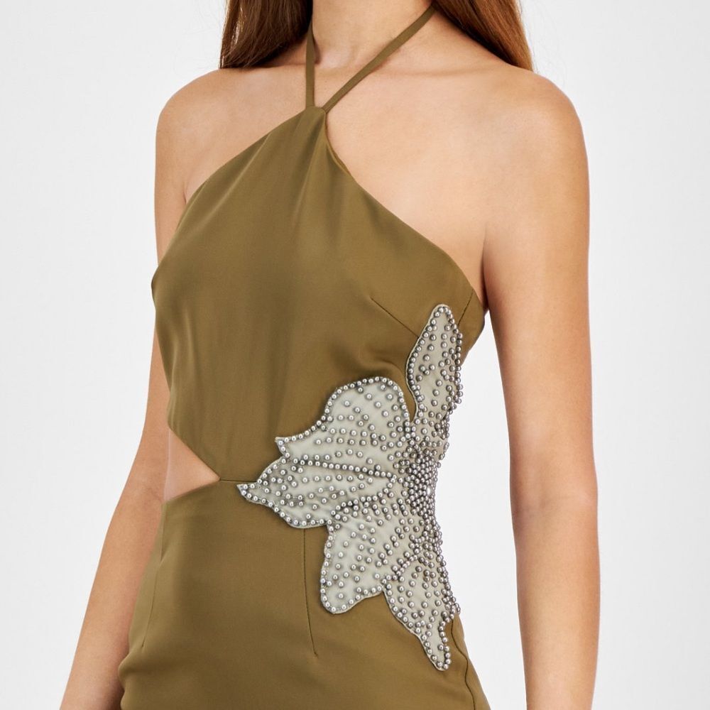 Avec Les Filles One Shoulder Olive Dress with Silver Detail - Picture 9 of 10